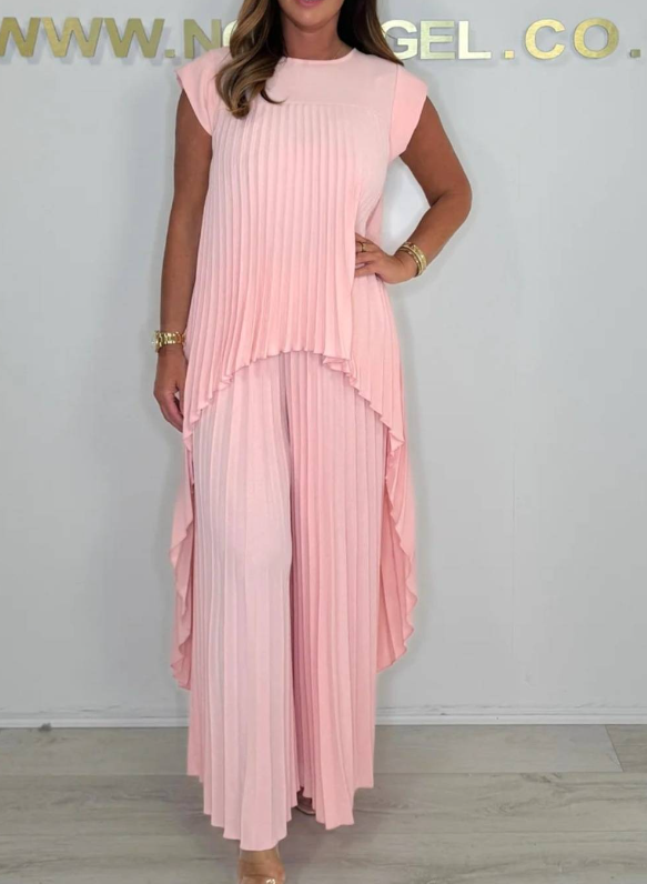 Conjunto de Vestido Midi Plisado Sherry™ y Pantalón de Pierna Ancha