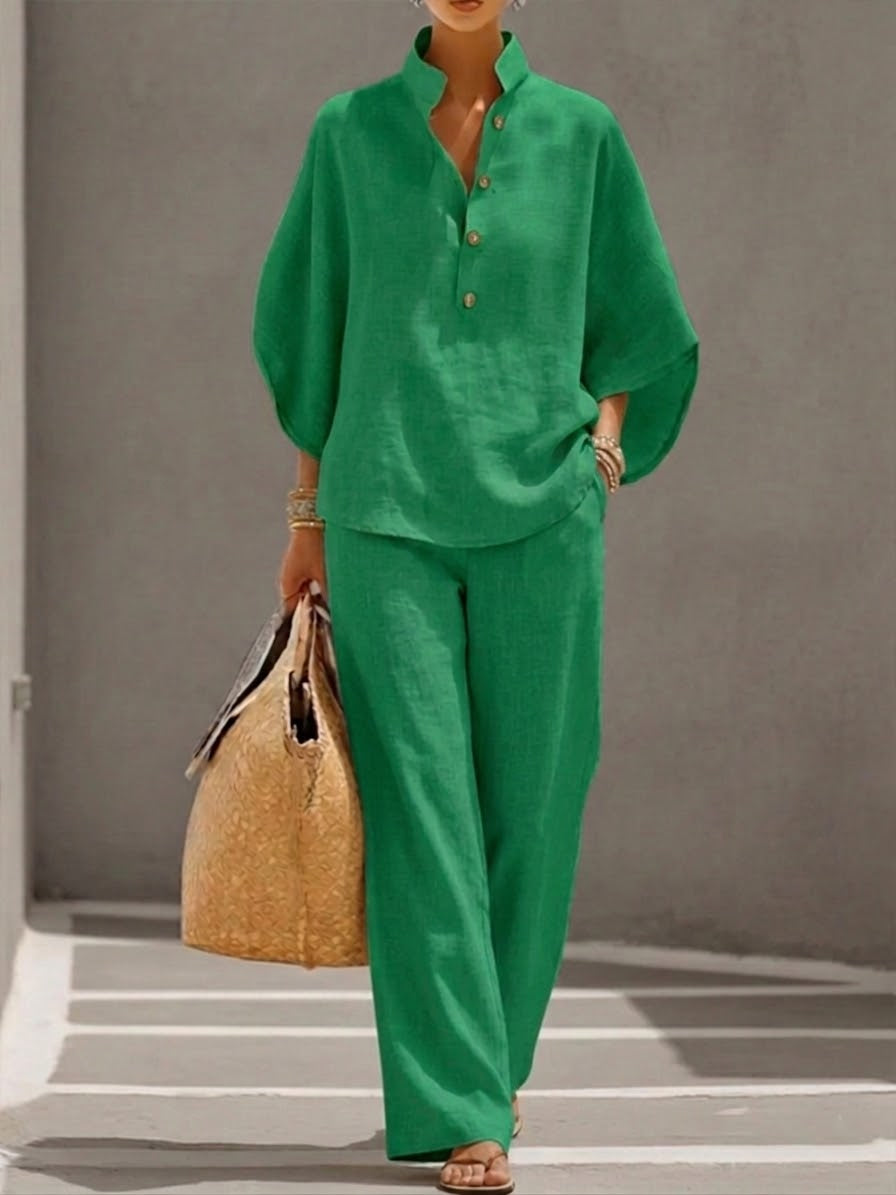 Mariel | Traje de lino manga murciélago con pantalón