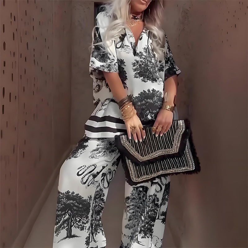 Conjunto Linette™ de Top Impreso con Cuello en V y Pantalones Largos